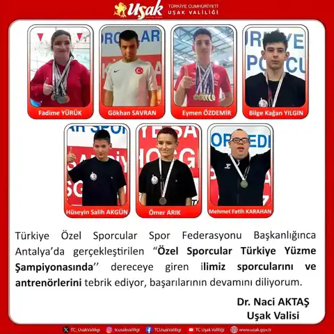 Uşaklı Özel Sporcular Yüzmede Başardı! Vali'den Tebrik